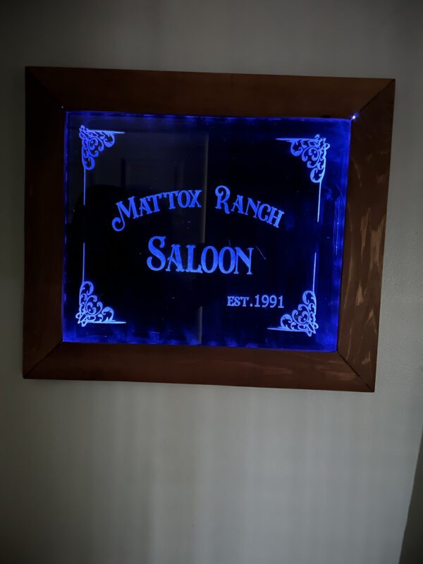 Etched Glass - MATTOX RANCH SALOON BOARD with Light Blue Color Lighting