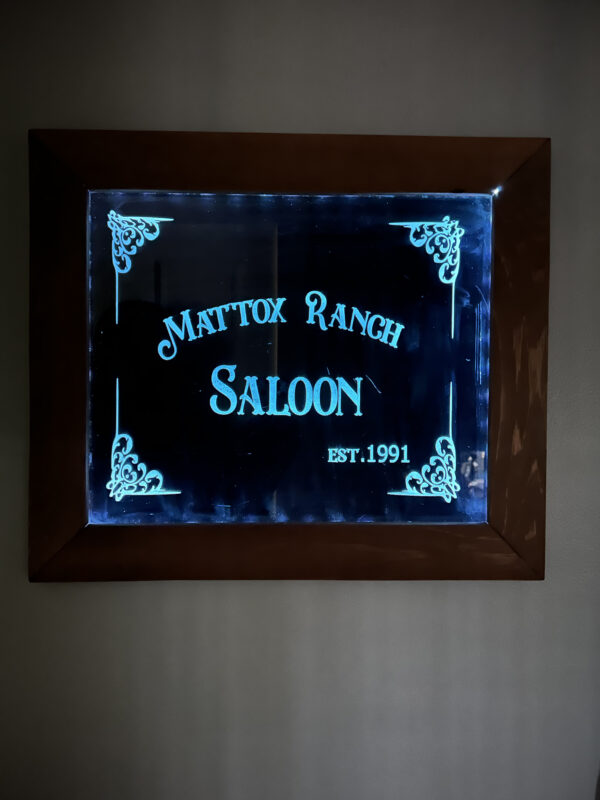 Etched Glass - MATTOX RANCH SALOON BOARD with Dark Blue Color Lighting