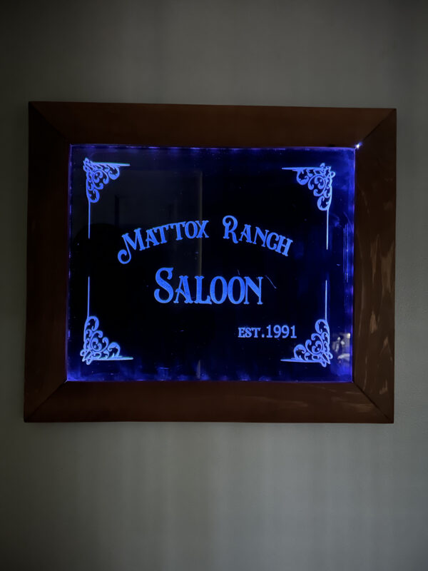 Etched Glass - MATTOX RANCH SALOON BOARD with Blue Color Lighting